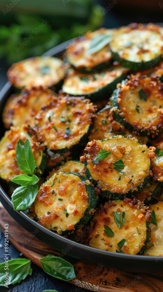 Fototapeta premium A delicious plate of golden, crispy zucchini slices.