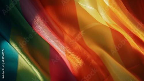 A pride flag highlighting a section with the rainbow stripes, with dramatic low-key lighting creating deep shadows and emphasizing the fabric folds