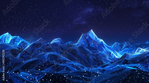 Low-poly wireframe digital landscape depicts abstract nighttime mountains within a blue tech background, featuring 3D peaks and a starry sky. 