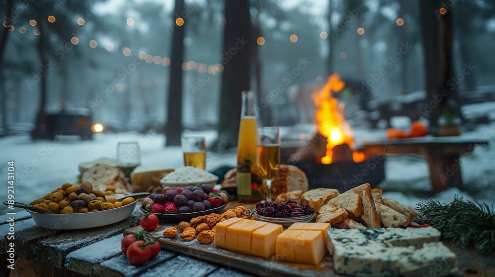 Obraz premium Winter Picnic with a Cozy Campfire