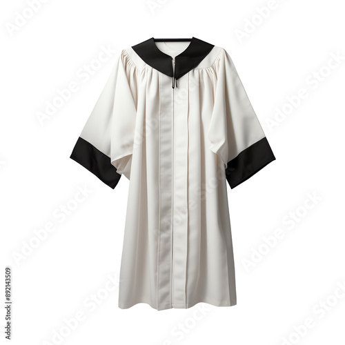 White choir robe with black accents hanging on a white background, representing formal wear for choral performances and ceremonies. photo