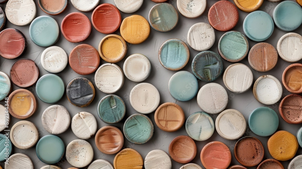 A close-up view of a textured wall with a vibrant mosaic of overlapping colorful circles.