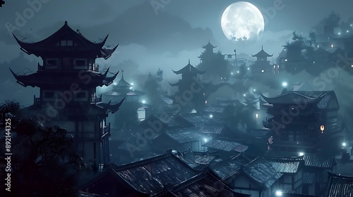 Moonlit rooftops of a feudal Japanese village with shadows of stealthy ninjas
