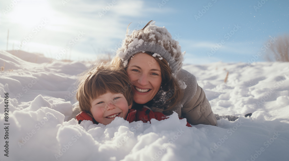 Happy mother and son playing and having fun together lying in the snow on a sunny winter day Happy mother and son playing and having fun together lying in the snow on a sunny winter day