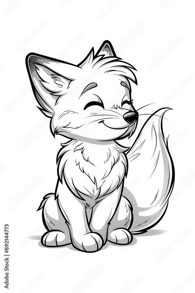 Obraz premium A cartoon drawing of a Felidae with its eyes closed, sitting down. The fox has a small nose, whiskers, and a relaxed gesture. The black and white art focuses on its head and jaw