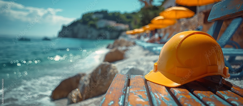 Naklejka premium Yellow Hard Hat on a Beach Bench