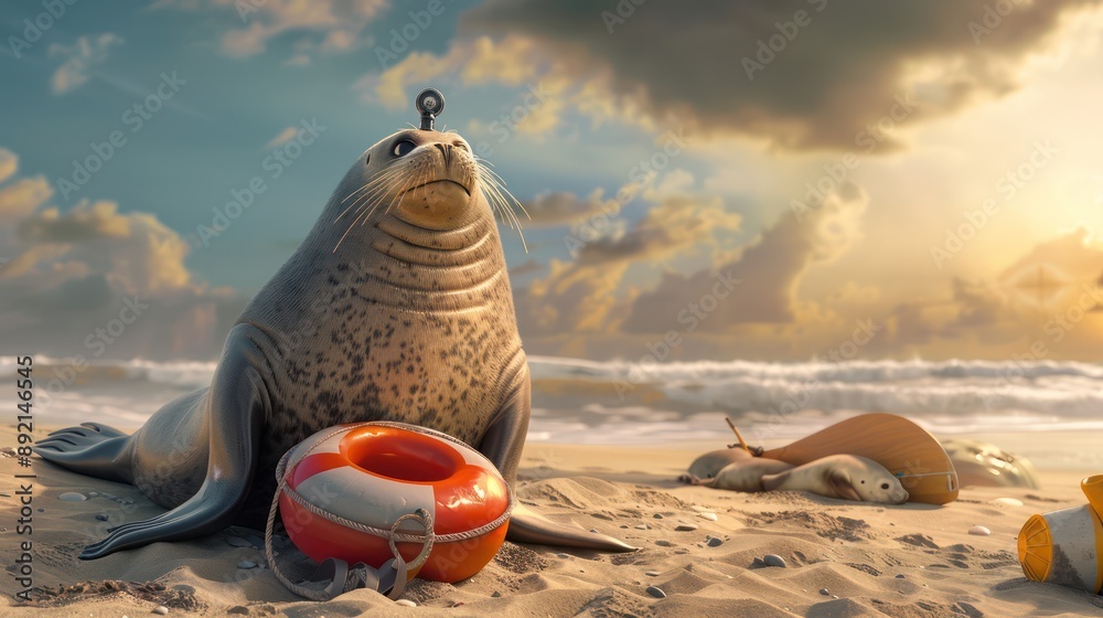 Obraz premium seal as a lifeguard, with a whistle and lifesaver, on a beach backdrop