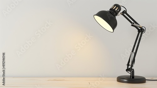 Modern black desk lamp with a Scandinavian design. Minimalistic piece for interior décor, featuring a clean white background.  © Elkhan Babayev