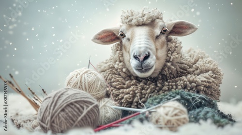 sheep as a craftsman, with wool and needles against a soft white backdrop photo