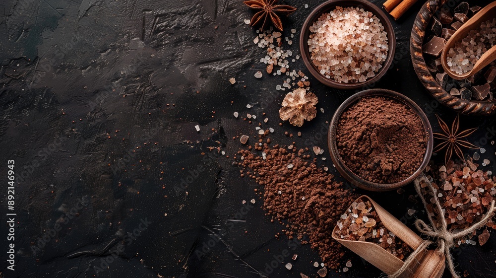 Skin care and relaxation products Chocolate brown spa salt on dark background with space for text Skin care and relaxation products Chocolate brown spa salt on dark background with space for text