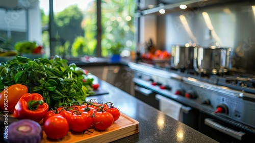 Cooking a gourmet meal in a modern kitchen with fresh ingredients