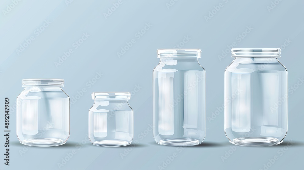 Realistic and detailed 3D empty glass jars in different sizes. Vector illustration of jars. Realistic and detailed 3D empty glass jars in different sizes. Vector illustration of jars.