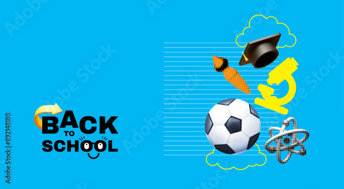 Back to School halftone design template with graduate hat, soccer ball, microscope, art brush and atom.