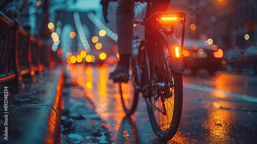 Bicycle with tail light on a rainy street at night