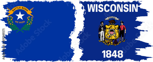 Wisconsin and Nevada states grunge brush flags connection, vector
