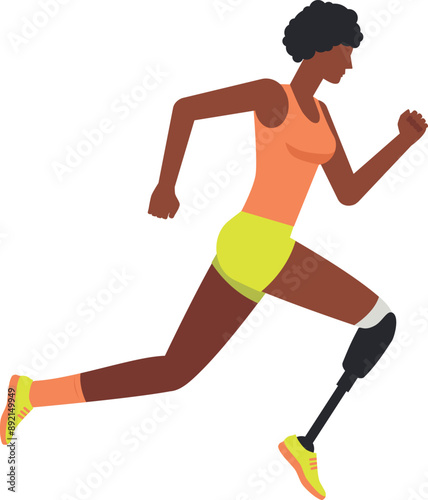 Illustration of a dark skinned woman running competition with leg prostheses in an orange tank top and green shorts. Running paralympic athlete flat design illustration.
