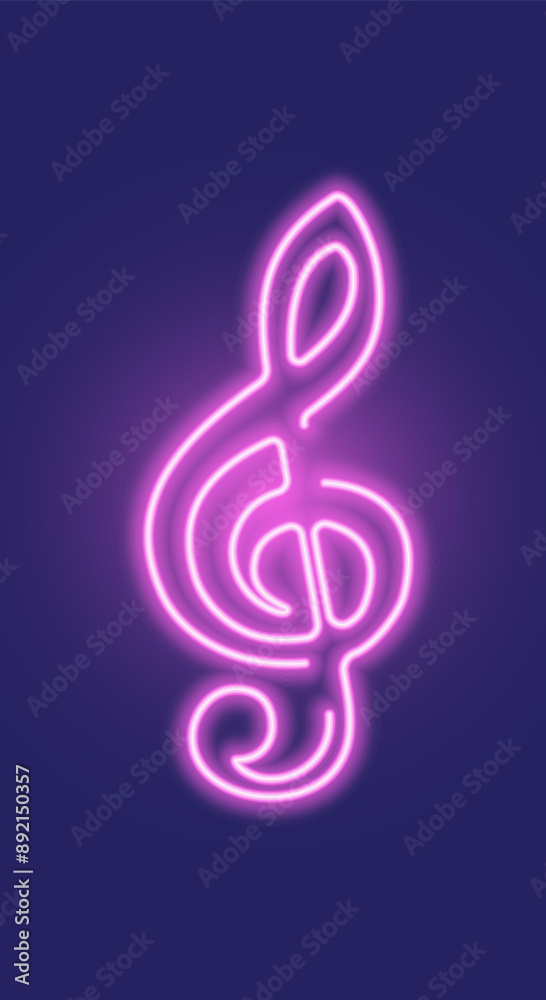 Neon glowing icon of pink musical note treble clef. Vector illustration of neon treble clef consisting of neon outlines. Music concept illustration for logo or banner design.