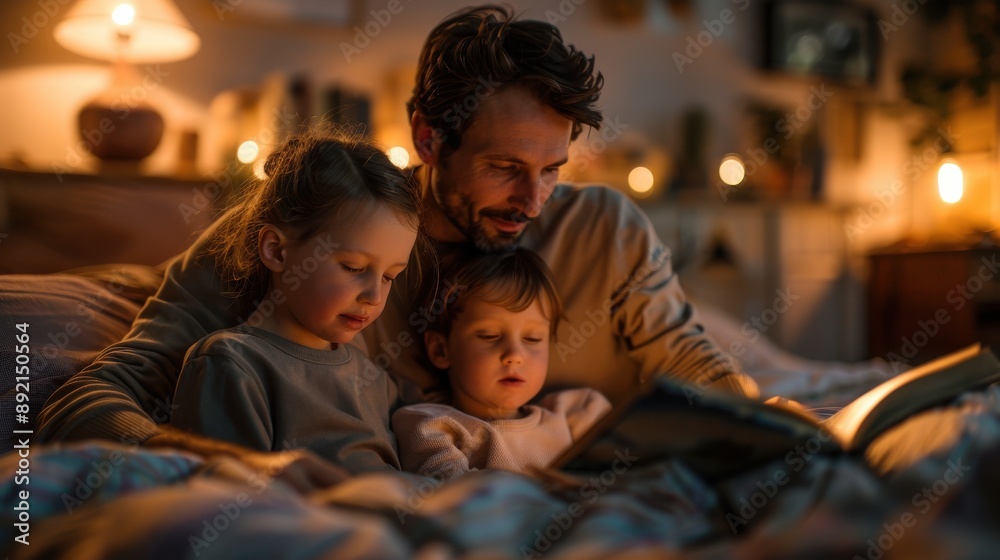 Parents reading bedtime stories to children in a cozy bedroom, warm lighting, kids tucked in bed, copy space, perfect for nighttime routines and family bonding themes. Parents reading bedtime stories to children in a cozy bedroom, warm lighting, kids tucked in bed, copy space, perfect for nighttime routines and family bonding themes.