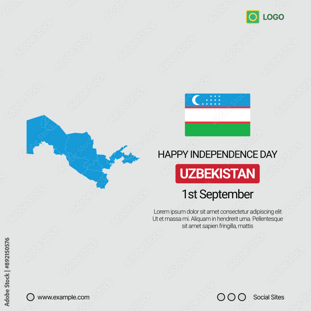 Uzbekistan Independence Day Social Media Banner, Editable Vector Design with Map and Flag