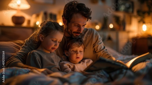 Parents reading bedtime stories to children in a cozy bedroom, warm lighting, kids tucked in bed, copy space, perfect for nighttime routines and family bonding themes.
