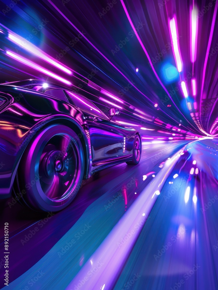 driving in the night, futuristic synth-wave car in purple neon colours. Generative AI driving in the night, futuristic synth-wave car in purple neon colours. Generative AI
