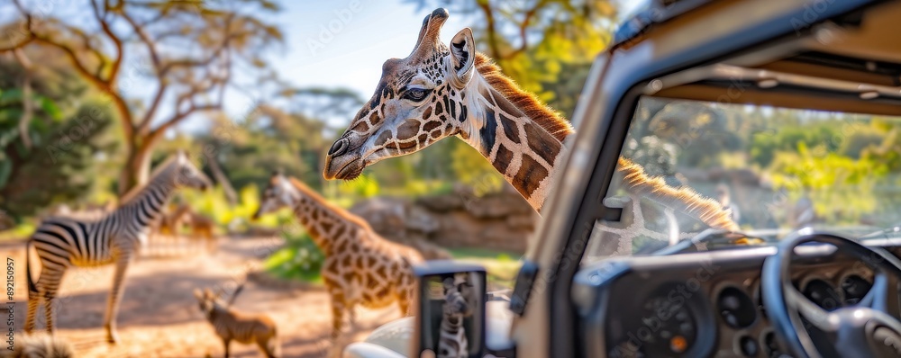 Obraz premium Family enjoying a safari tour in an open zoo, observing giraffes and zebras from a jeep, sunny day, copy space, perfect for family outings and educational experiences.