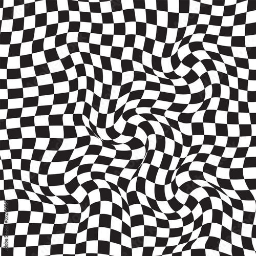 Checkered background with distortion effect. Abstract black and white background, distorted groovy twisted grid. Chessboard surface as abstract banner with distortion.