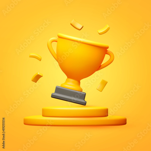 3D winners cup. Trophy cup with round podium. Vector award nomination background