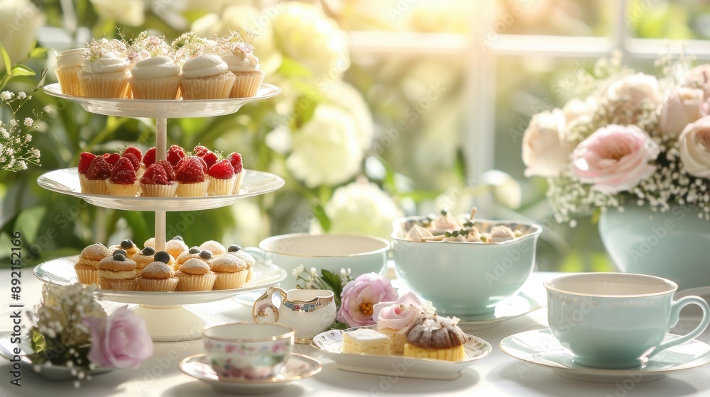 Elegant afternoon tea setup with fine china, tiered trays of pastries, and fresh flowers, bright natural light, perfect for lifestyle and dining promotions, copy space. Elegant afternoon tea setup with fine china, tiered trays of pastries, and fresh flowers, bright natural light, perfect for lifestyle and dining promotions, copy space.