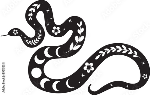 Twisted snake silhouette with leaves and flowers. Boho serpent with floral elements, decorative illustration.