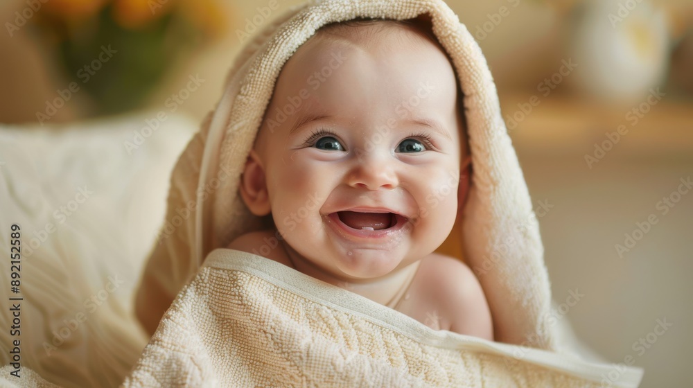 Smiling baby with a big laugh, wrapped in a soft towel, fresh from a bath, natural lighting, warm and cozy, perfect for baby care and product promotions, copy space. Smiling baby with a big laugh, wrapped in a soft towel, fresh from a bath, natural lighting, warm and cozy, perfect for baby care and product promotions, copy space.