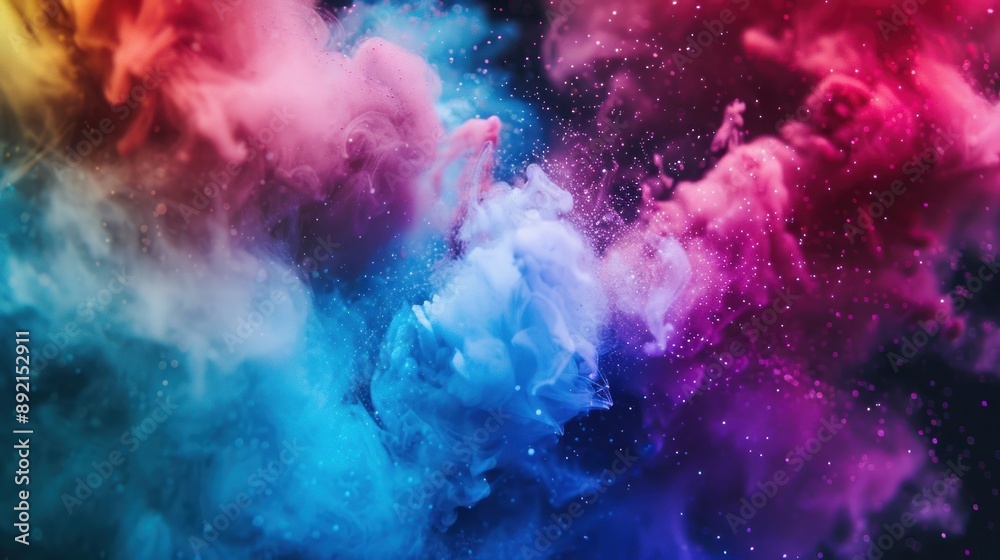 Obraz premium Abstract colorful powder explosion of smoke and fire on dark background