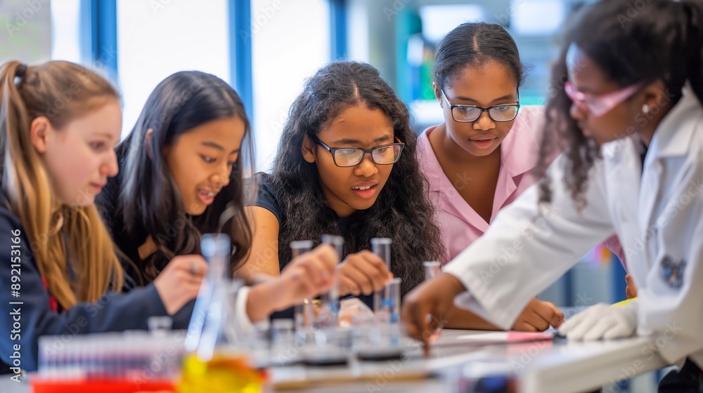 Young scientists from diverse backgrounds, smiling and focused, collaborate in a laboratory, using microscopes to explore and analyze biological specimens as part of their science curriculum Young scientists from diverse backgrounds, smiling and focused, collaborate in a laboratory, using microscopes to explore and analyze biological specimens as part of their science curriculum