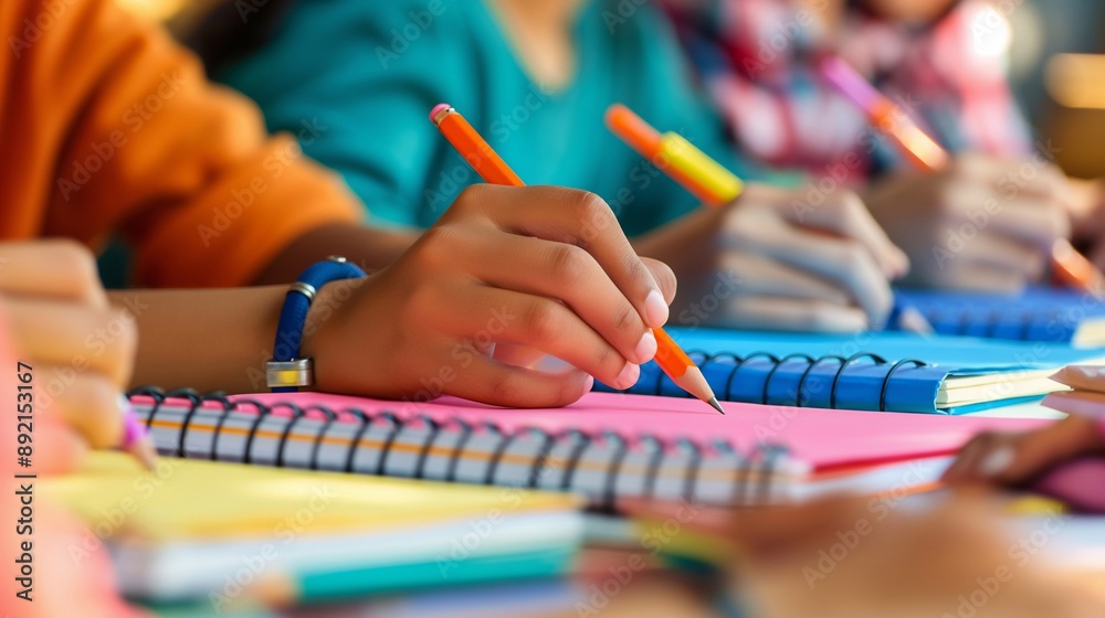 A vibrant close-up image of diverse children's hands writing in colorful notebooks with bright orange pencils, capturing a lively and engaging classroom atmosphere A vibrant close-up image of diverse children's hands writing in colorful notebooks with bright orange pencils, capturing a lively and engaging classroom atmosphere
