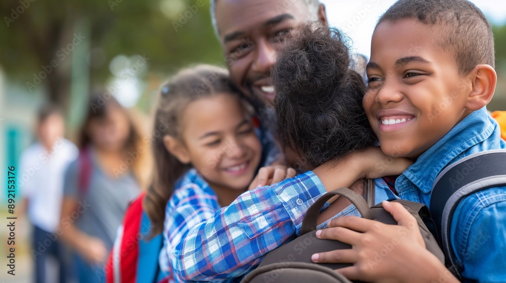 Smiling father picks up embraces his kids as they arrive at school, with students interacting in the background, the emotional and supportive bond between parents and children on a school morning Smiling father picks up embraces his kids as they arrive at school, with students interacting in the background, the emotional and supportive bond between parents and children on a school morning