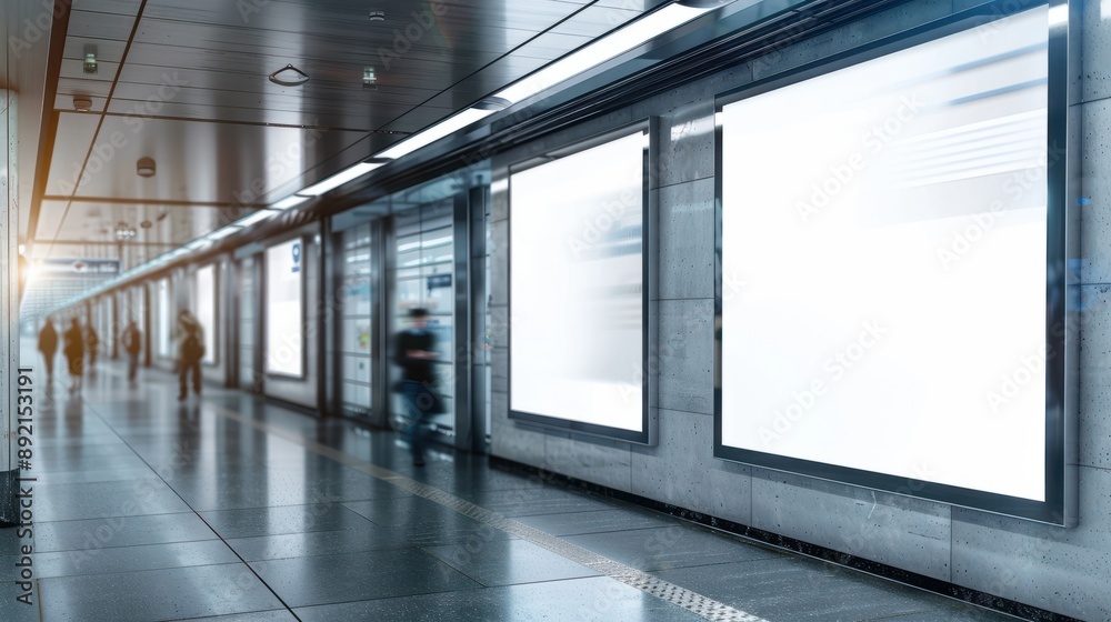 Three mock up the white screen billboard in subway station for advertising information or media on wall of corridor blur passenger walking through the left : Generative AI Three mock up the white screen billboard in subway station for advertising information or media on wall of corridor blur passenger walking through the left : Generative AI