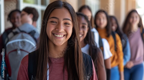 A close-up of a asian girl near a group of high school students, mingling outside their school, expressions of happiness and engagement, the benefits of inclusivity social interaction in education