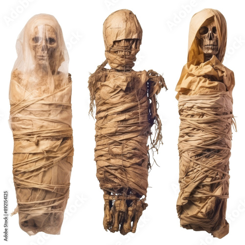 Set of Three Isolated Mummies Wrapped in Ancient Materials.