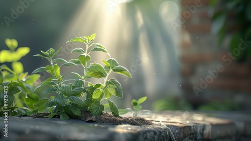 Wallpaper Mural Serene garden with holy basil plants in morning mist and sunlight. Torontodigital.ca