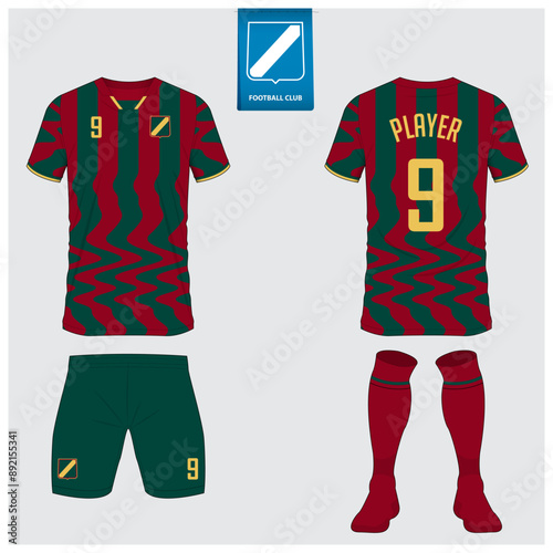 Soccer jersey or football kit mockup design for football club. Football shirt, short, sock template. Soccer uniform in front view, back view. Football logo in flat design.