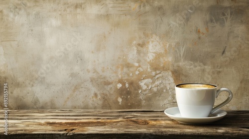 Coffee cup on rustic wooden surface against textured backdrop