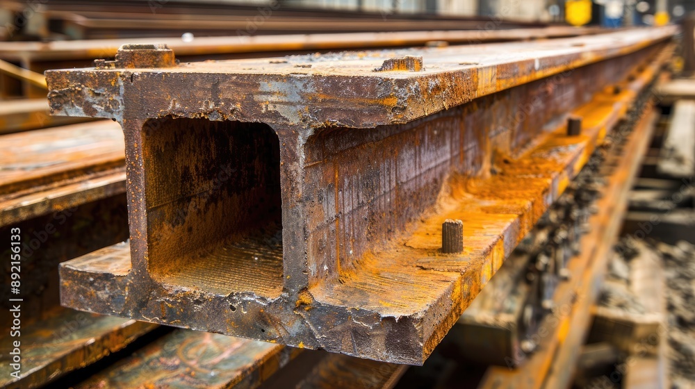 A close-up of a rusty steel beam used in construction or industrial settings. A close-up of a rusty steel beam used in construction or industrial settings.