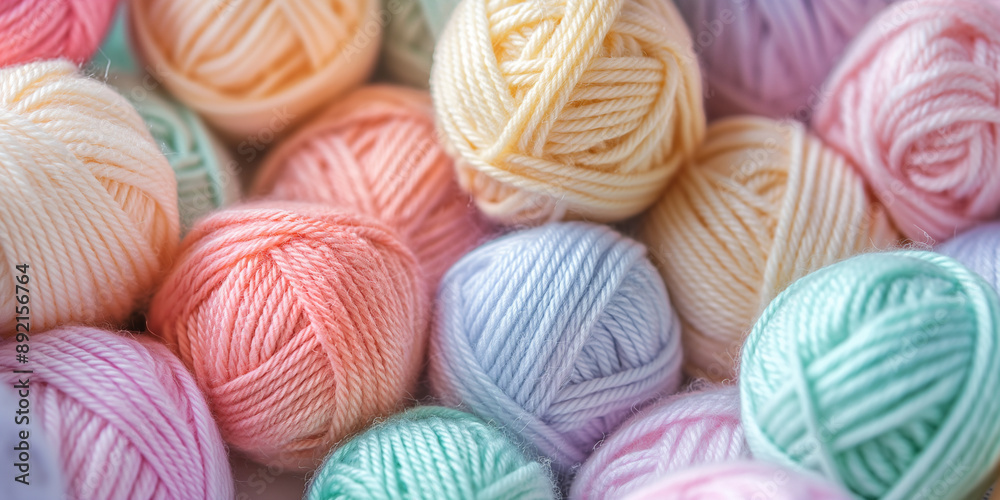 A close-up of soft, pastel-colored yarn balls arranged in an intricate pattern, symbolizing the joy and creativity that come with knitting or crocheting A close-up of soft, pastel-colored yarn balls arranged in an intricate pattern, symbolizing the joy and creativity that come with knitting or crocheting