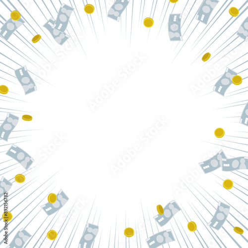 お札とコインのお金が舞うイラストと集中線のスクエア背景