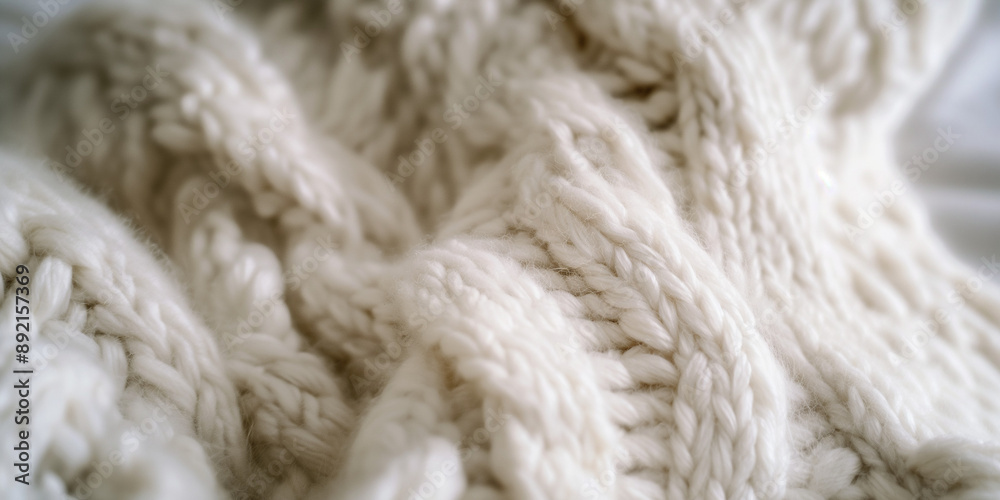 A close-up shot of white knitted yarn, showcasing its soft texture and the subtle weave A close-up shot of white knitted yarn, showcasing its soft texture and the subtle weave