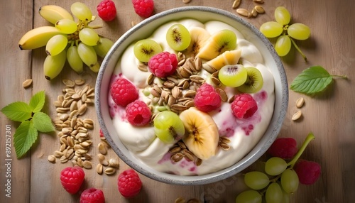 bowl of creamy frozen yogurt topped with a colorful assortment of fresh fruits and nuts