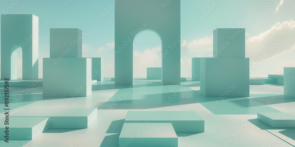 A doorway to nowhere with a shadow stands in the center of a landscape of floating geometric shapes, with a light blue sky A doorway to nowhere with a shadow stands in the center of a landscape of floating geometric shapes, with a light blue sky