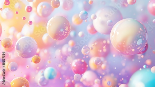 Colorful, shiny, and iridescent spheres floating against a pink and purple background.