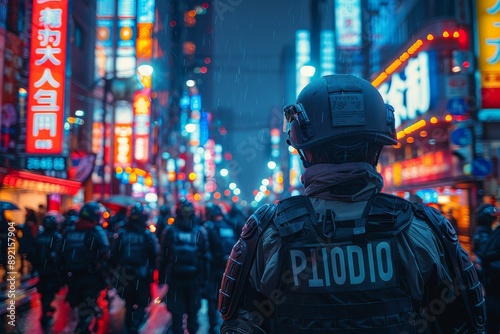Tokyo police in body armor confronting protestors at night with neon city lights in background © Matvejs