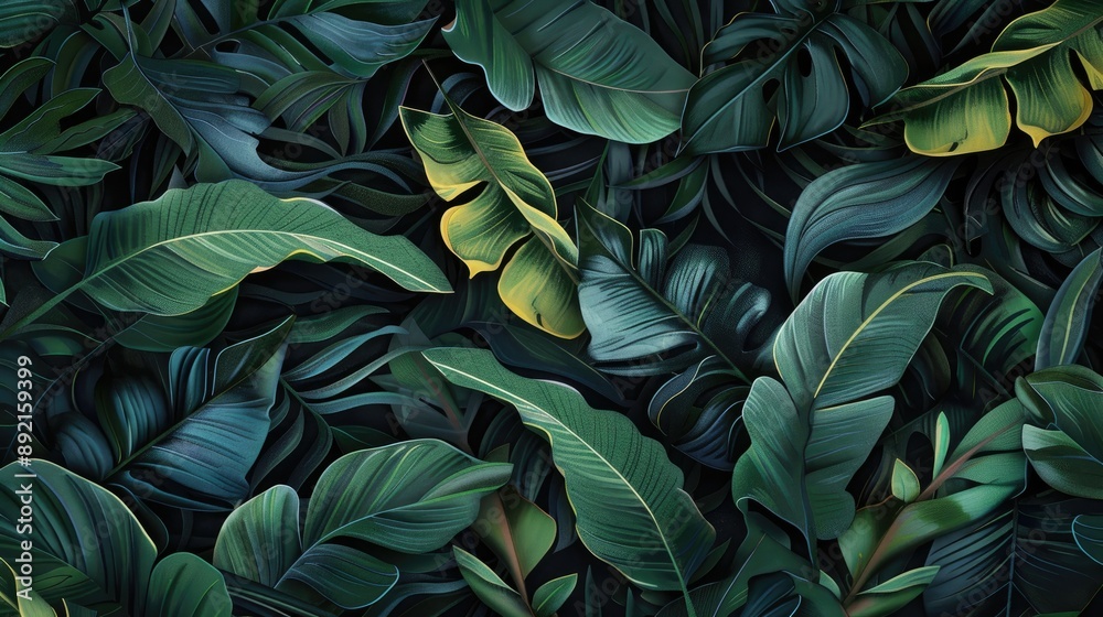 Dark background with artfully painted tropical leaves, offering a striking and elegant mural for home decor Dark background with artfully painted tropical leaves, offering a striking and elegant mural for home decor
